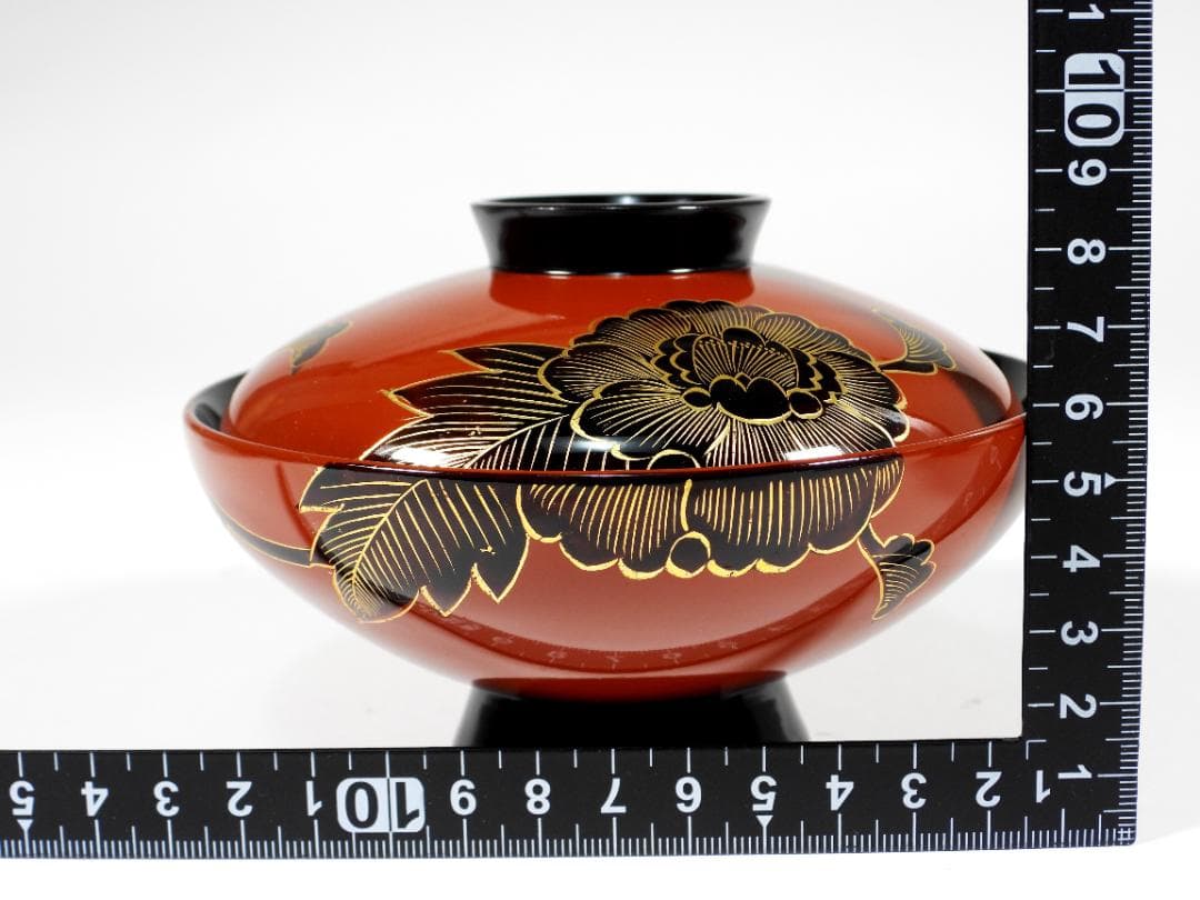 輪島塗　懐石椀汁椀　蒔絵椀　上質朱漆　牡丹沈金 蓋碗十客 共箱