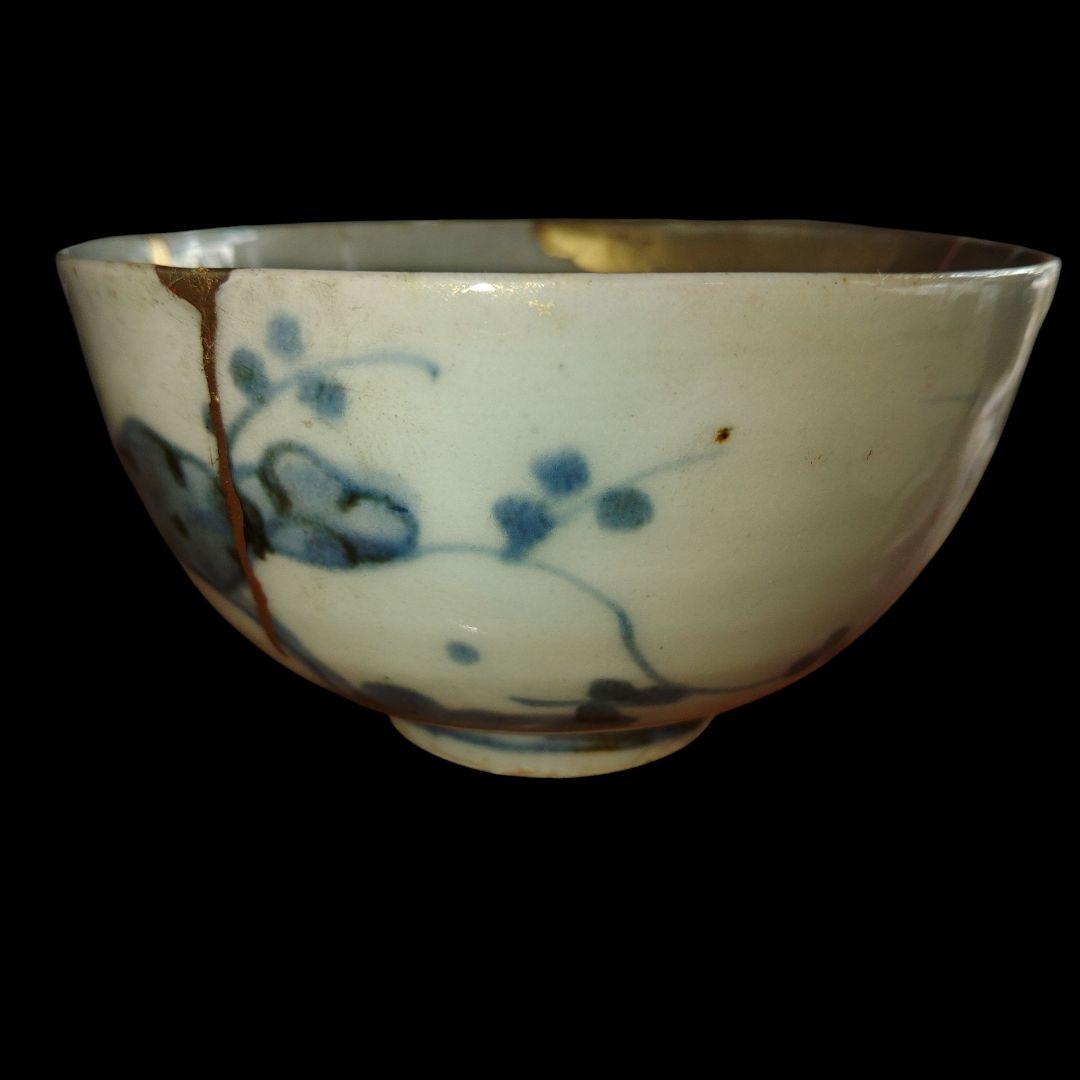 1750年～1770年代　古伊万里　雪輪草花文染付碗　金継　骨董品　見込蛇目秞剥