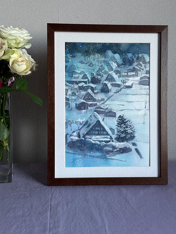 水彩アート「冬の集落　蒼」1点物、手描き真筆。