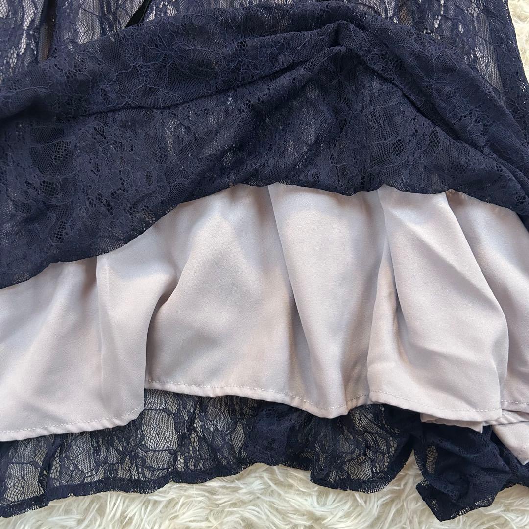 美品【NIANA】ニアナ シアーレース ウエストリボンドレス 長袖ワンピース L