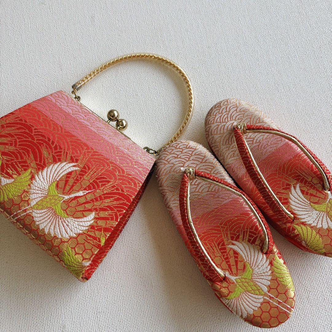 フルセット　七五三７歳女の子ピンク地　桜扇蝶　オレンジ袋帯　絹長襦袢7123