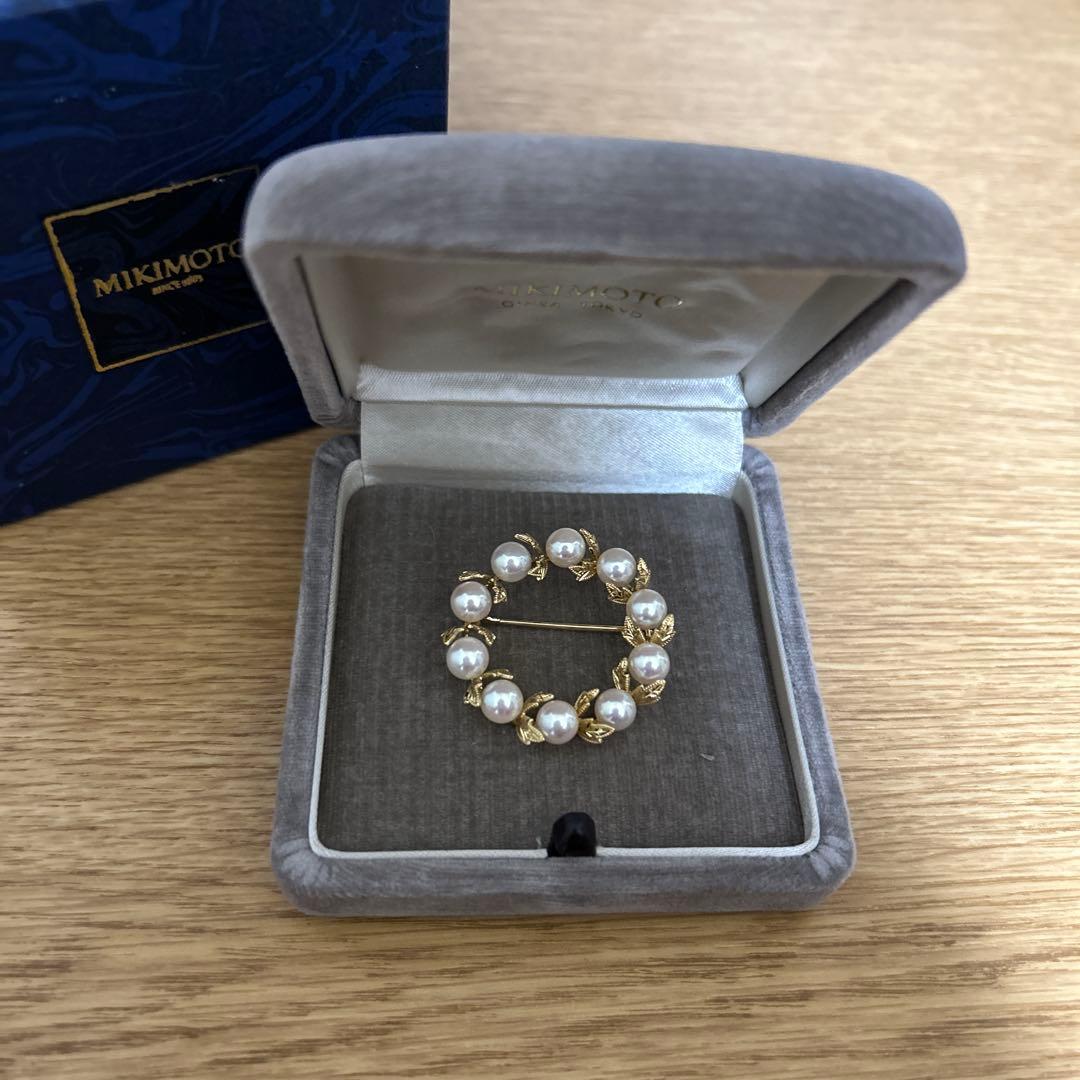 MIKIMOTO ミキモト 真珠 パール K18 葉彫り 月桂樹 ブローチ
