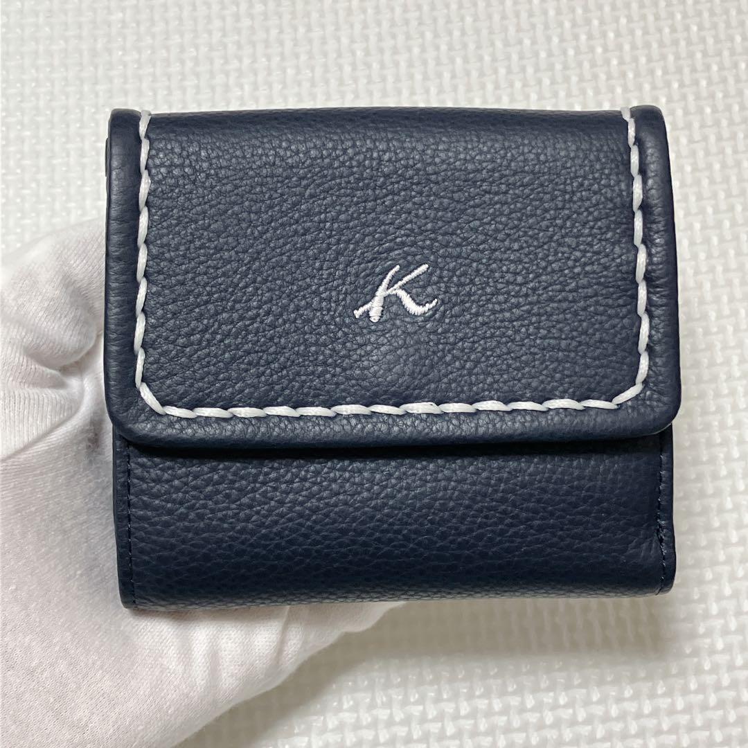 未使用Kitamura キタムラ レザー二つ折り財布 ネイビー 紺 「K」ロゴ