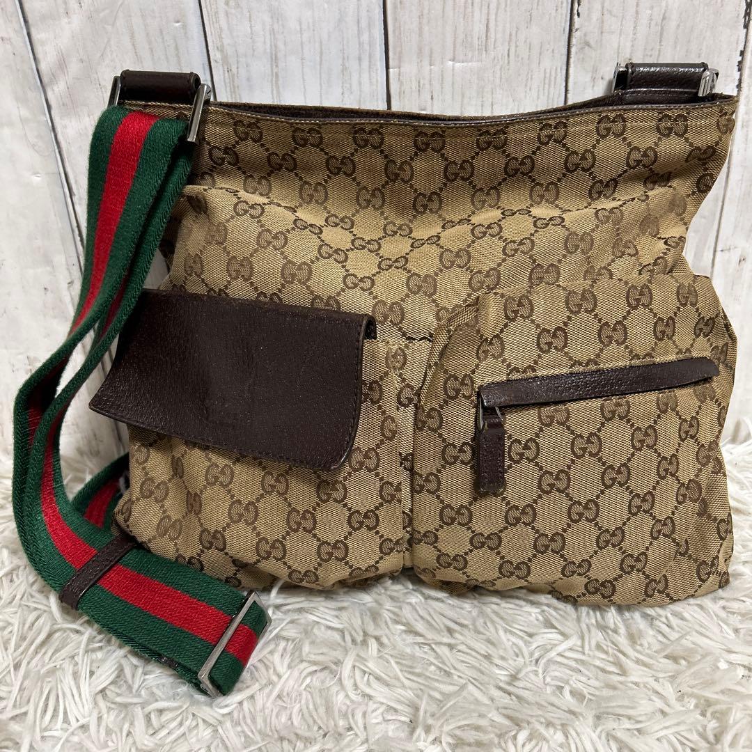 GUCCI GGキャンバス　シェリーライン ショルダーバッグ　ロゴ　レザー