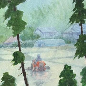 絵画「水明のころ～ 雨の日の代掻き作業」　水彩画