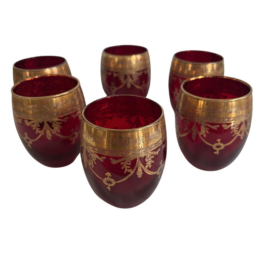 イタリア ヴェネチア赤ガラス 金彩 デキャンタ＆グラスセット