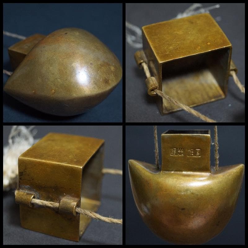 清 光緒 鳳祥造 銅製 金工細工 元宝型茶入 携帯形煙草入 茶道具