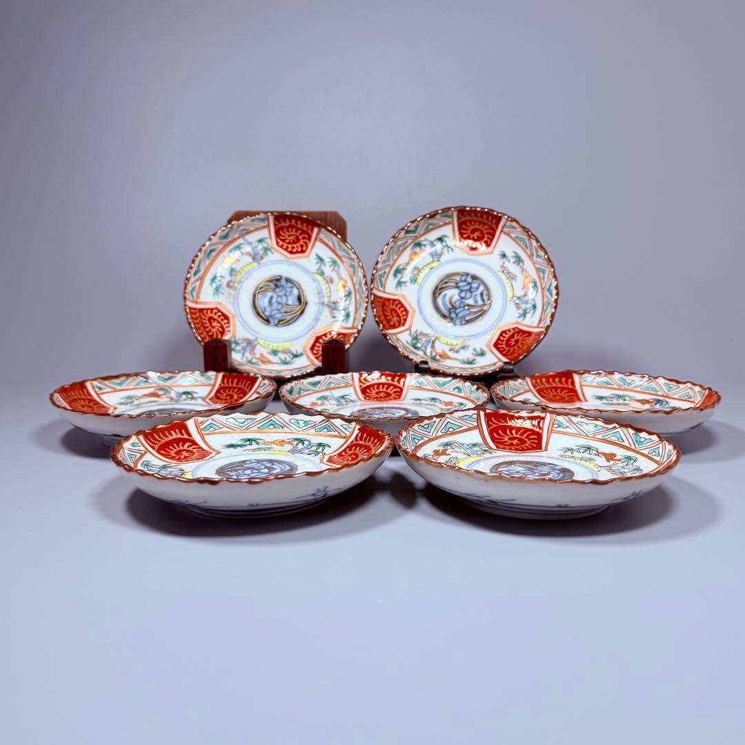 古伊万里　染錦　菖蒲　竹鳥図　直径12.3㎝　赤絵　6枚　古器を楽しむ