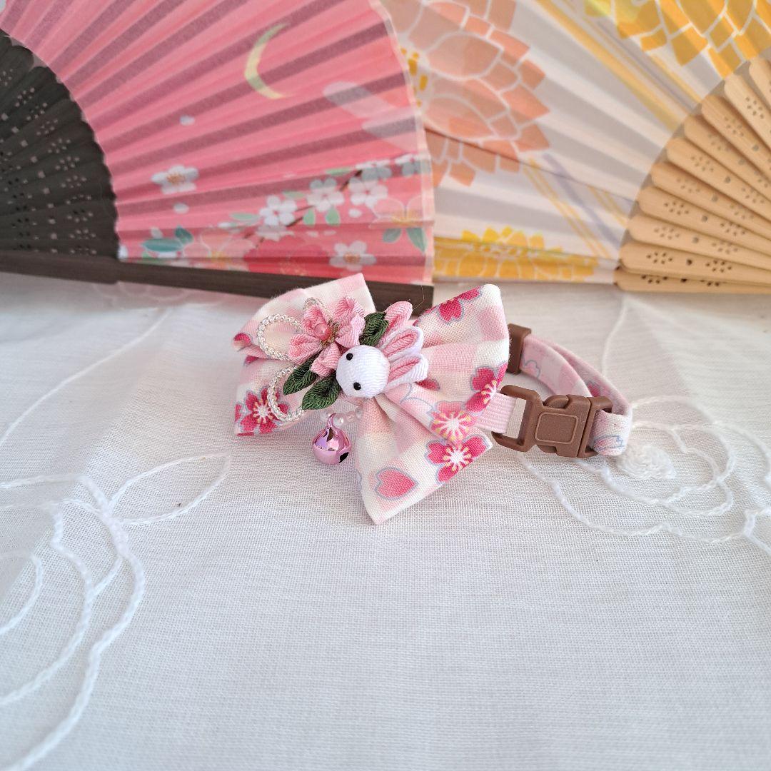 お正月仕様(ピンク②)つまみ細工付き和風リボン、わんちゃん猫ちゃん用