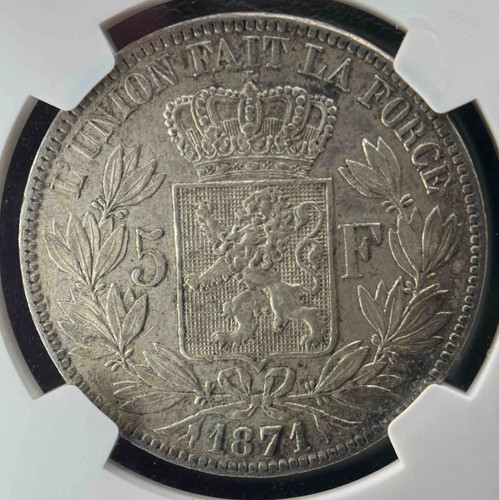 1871年 ベルギー王国 5フラン銀貨（レオポルド2世） NGC認定 AU58