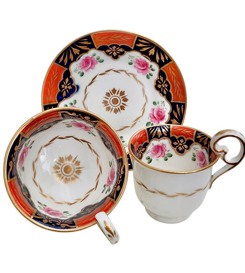 Coalport true trio, cobalt blue, orange and roses, ca 1820