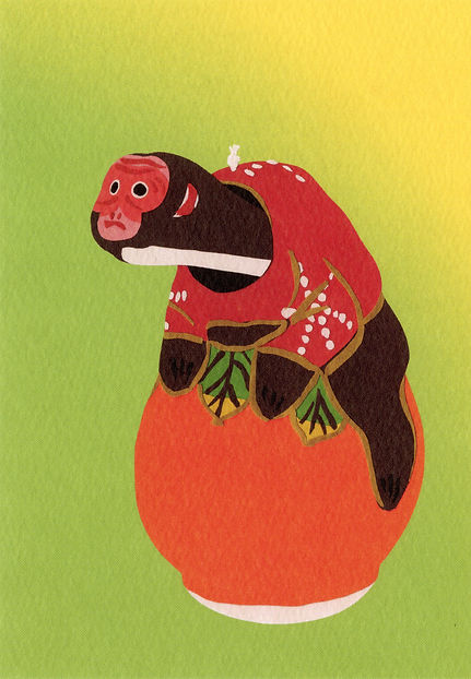 ポストカード 柿乗り猿｜張り子の猿モチーフ｜アトリエガング