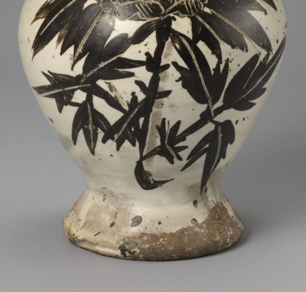 唐物 磁州窯 白地陰刻文魚紋瓶 白化粧無地陶 灰褐色