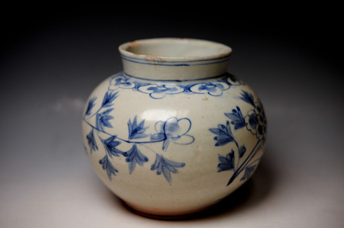 梅花堂】UM885 李朝美術 草花紋染付小壺 高10cm 古美術