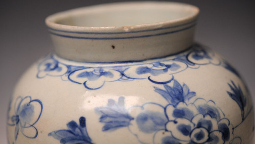 時代物 李朝 染付魚蟹海老文 壺 花瓶 箱付 白磁 青花 朝鮮古陶 唐物