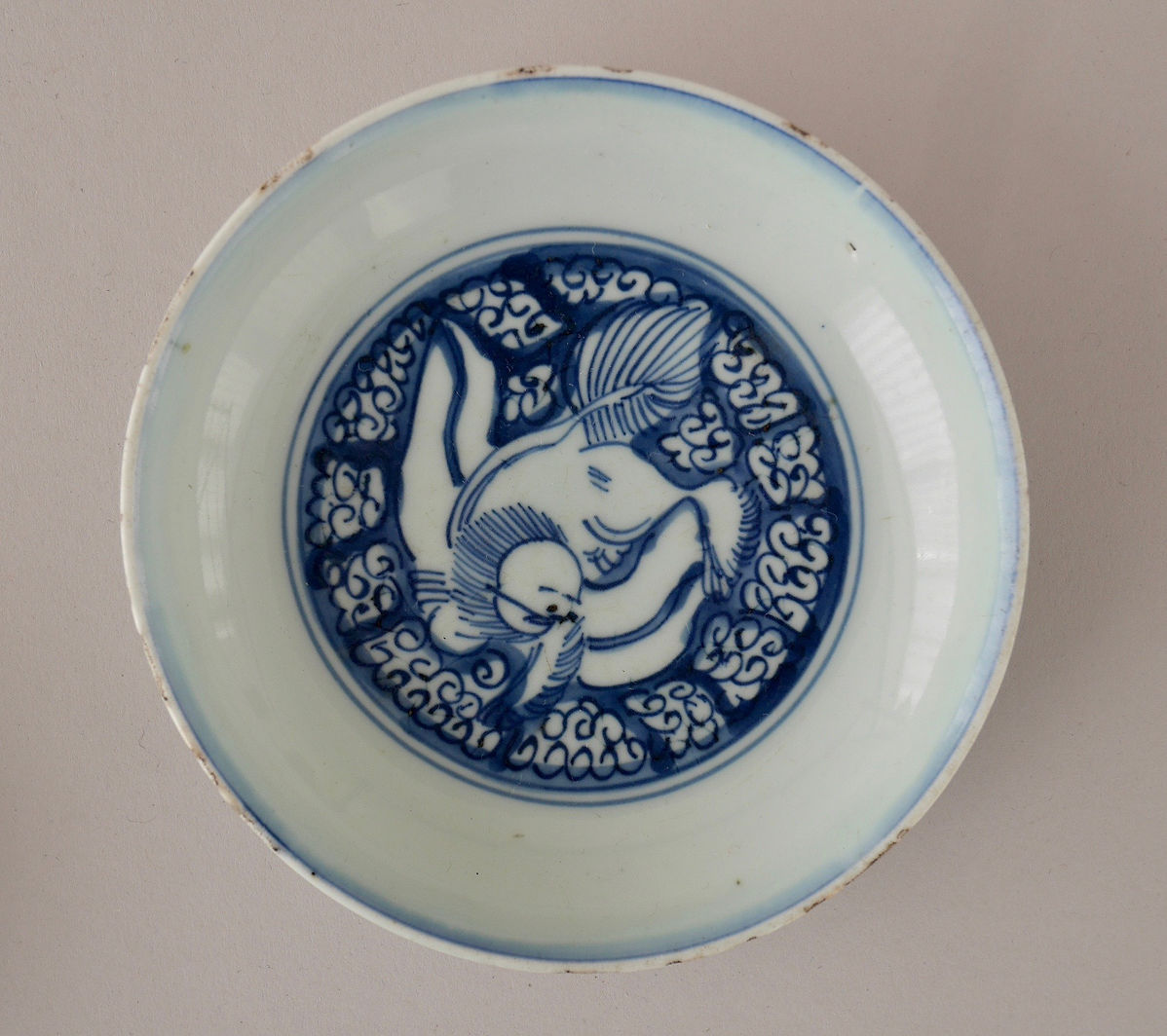 産地不明】獣耳瓶 染付 中国風武将図（民藝 骨董 古陶磁）