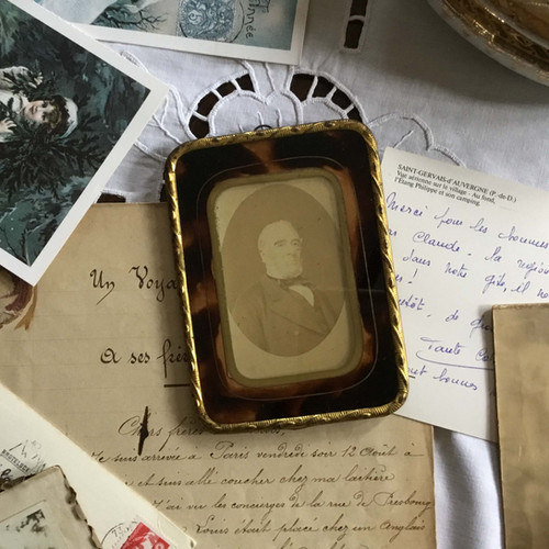 フランス アンティーク ダゲレオタイプ 銀盤写真 べっ甲柄 ガラス 金彩