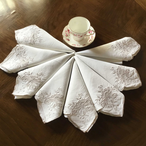 アンティーク フランス オールドローズ ホワイト刺繍 スカラップリネン