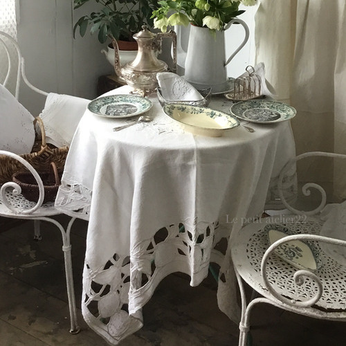 H北欧ヴィンテージ1950s伝統織りリネンのテーブルクロス（大サイズ