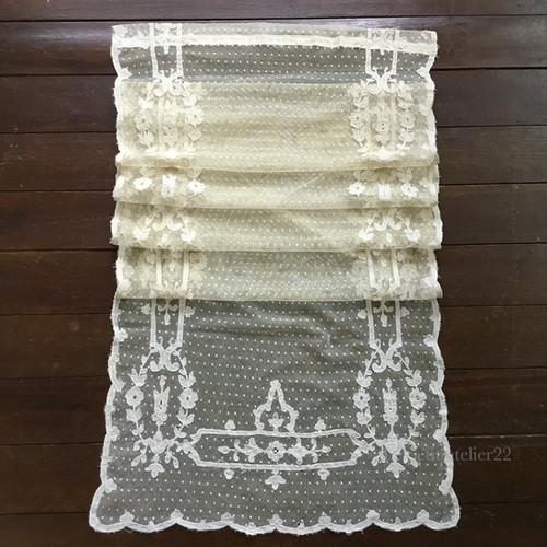 一枚)フランス アンティーク チュールレースカーテン 刺繍 エクリュ 50