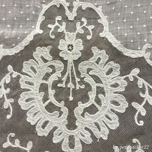 フランス アンティーク レース カーテン ローン＆チュール 刺繍 W 55cm