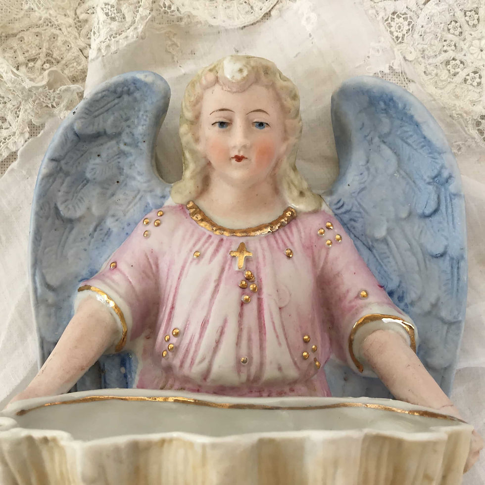 二人の天使の聖水盤 ビスク フランスアンティーク ブルー 金彩 双子