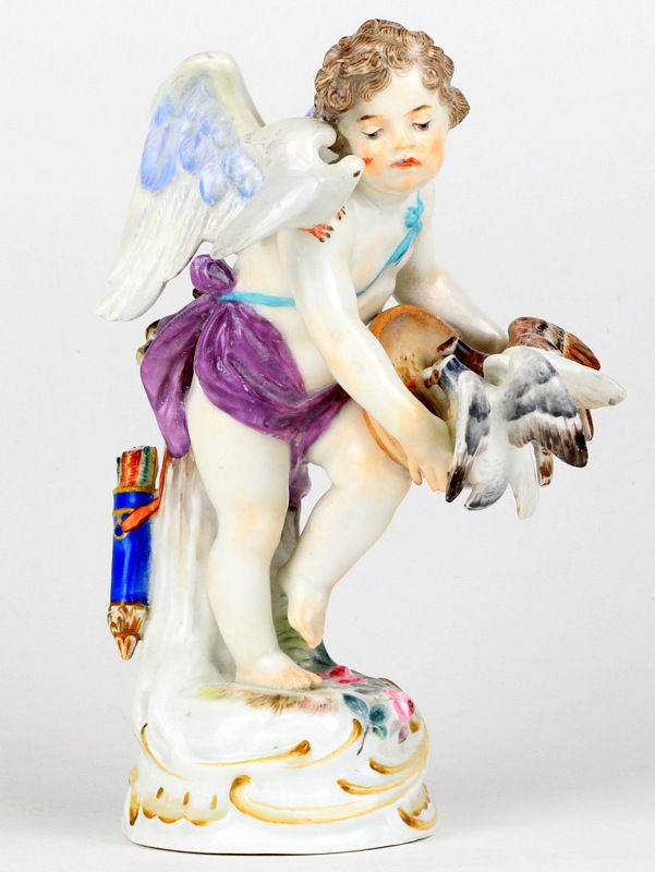 古マイセン 人形 フィギュリン 「鳩に給餌する天使」 1級品 1898年 古