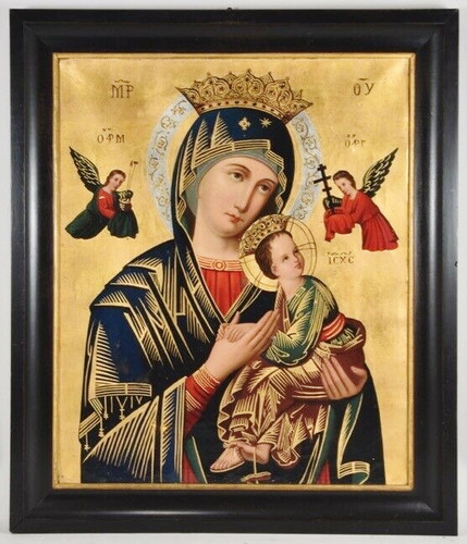 ☆聖画☆アンティーク☆マリア☆聖母子☆イコン☆希少☆油彩☆絶えざる